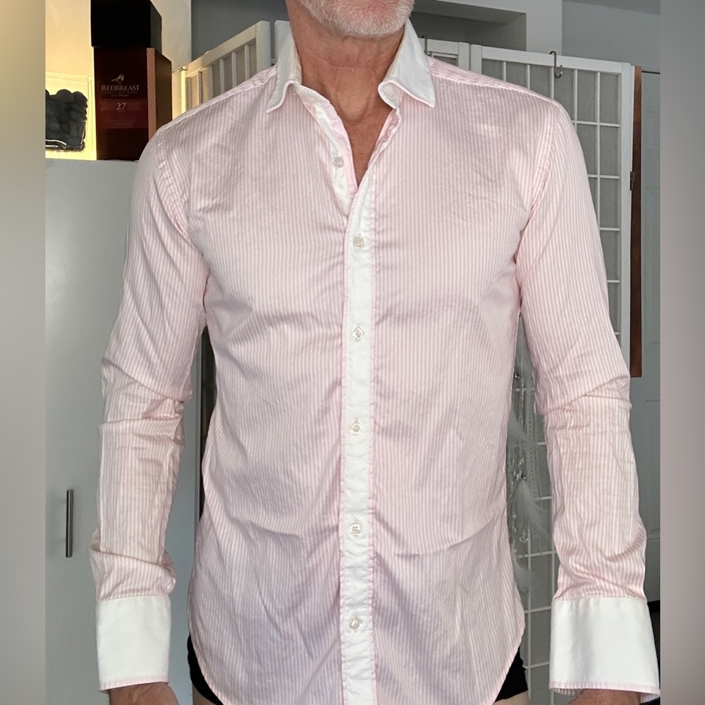 Issac B- beautiful pink stripped shirt, slim fit!